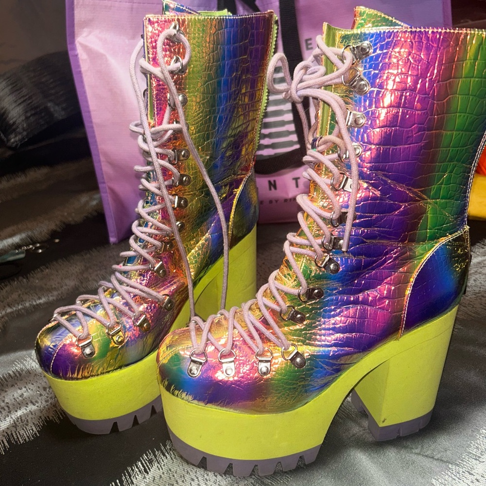 Dolls Kill Iridescent Lace-Up Platform Boots